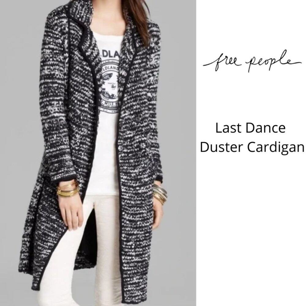 Free People Last Dance Duster Cardigan Womens Size Small Black White Marled Wool